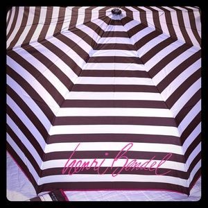 henri bendel Brown and White Striped Umbrella with Pink Logo Script
